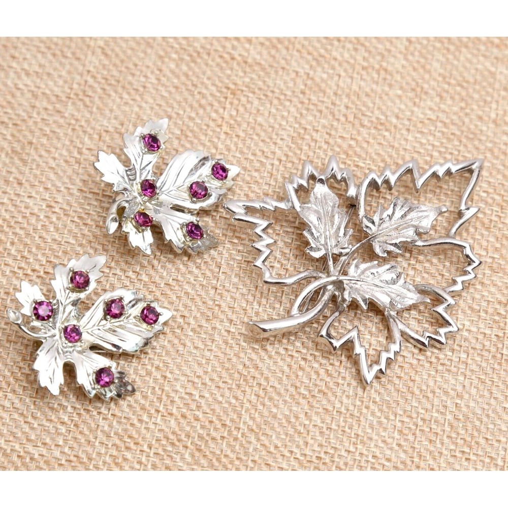 Vintage Emmons Purple Rhinestone Silver Tone Leaf Pin/Brooch & Earrings